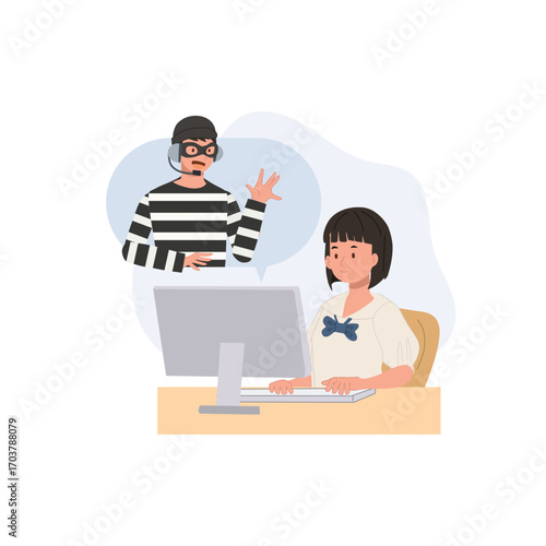 a school girl sitting at her desk with a computer as a scammer talks to her, cyber crime, online fraud.