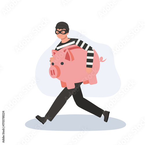 crime illustration thief carrying piggy bank symbol of money theft financial fraud bank robbery scam danger economic crime prevention.