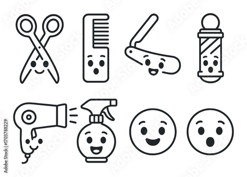 Cute barber tool icons with smiling faces on dark background