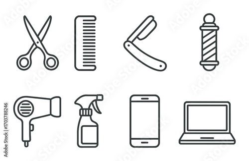 Barbershop essentials: scissors, comb, razor, pole, hairdryer, spray, smartphone, laptop icons