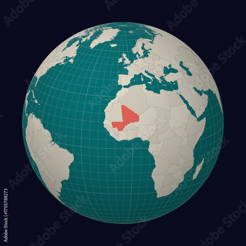 Mali on the map. Globe centered to Mali. Country location on the world map. Teal Pale Mint color palette. Globe with countries, meridians and parallels. Neat vector illustration.