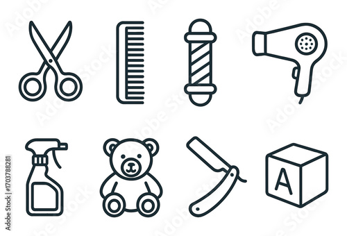 Barber and hairdressing tools: scissors, comb, razor, hairdryer, spray, teddy bear