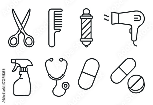 Barber and medical icons: scissors, comb, pill, stethoscope, hairdryer, bottle