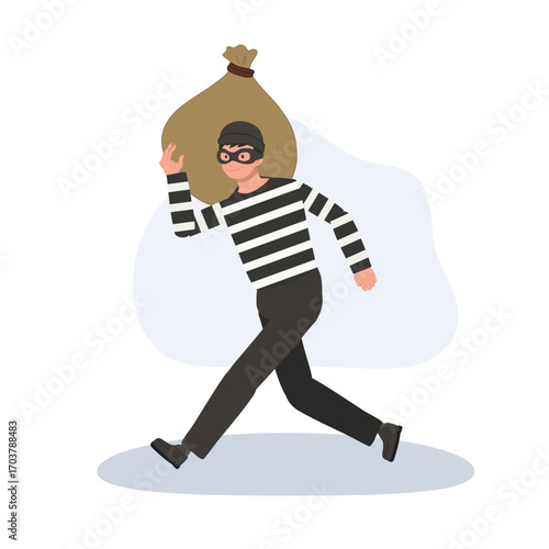 robbery cartoon illustration thief burglar criminal character with money sack running man in mask crime scene