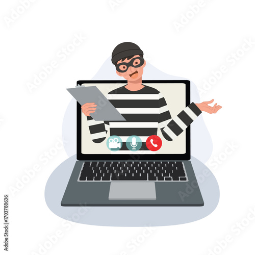 a hacker scammer using a laptop video call to trick victims showing online scam cyber crime identity theft and internet fraud danger