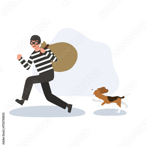 thief in striped shirt runs with a large sack as a dog chases him during a robbery scene