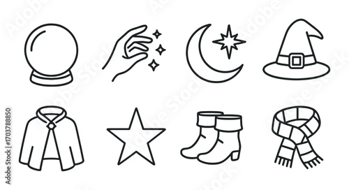 Mystical icons set featuring crystal ball, magical hand, crescent moon, witch hat, cape, star, boots, and scarf