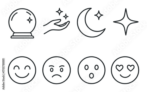 Minimalistic mystic symbols and emoji set on dark background