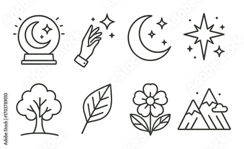 Mystical and natural icons: crystal ball, moon, star, tree, leaf, flower, mountains