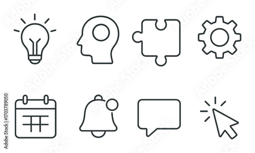 Set of eight business and technology icons on gradient background