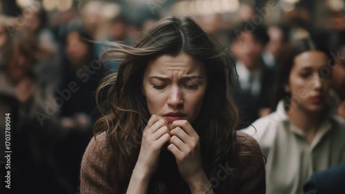 Stressed, anxious woman in a crowded street at peak hour. Panic attack or overwhelmed.