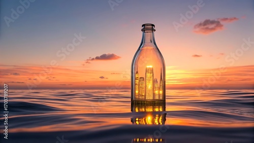 Glass bottle with glowing lights floating on sea water at sunset