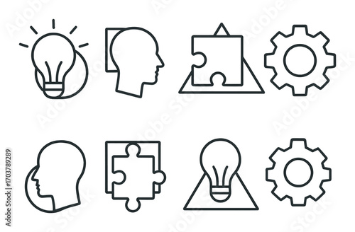 Abstract icons featuring light bulbs gears puzzles profiles