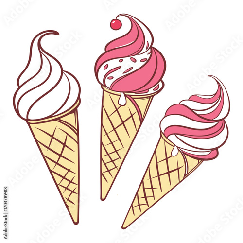 Vector cartoon set of tasty frozen ice cream cones with various toppings and flavors