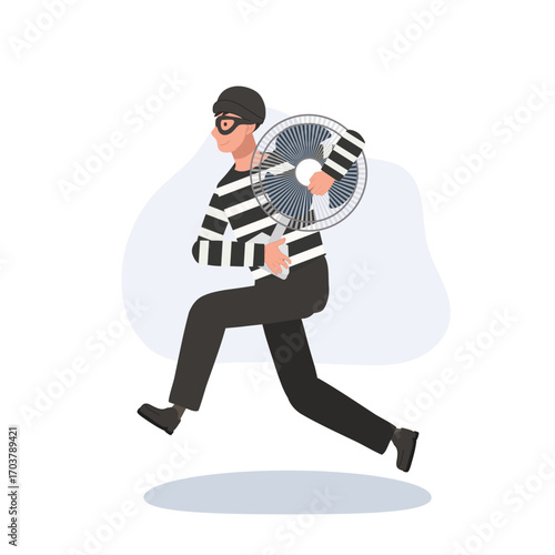 thief wearing mask and striped shirt running fast with stolen item perfect for crime burglary and robbery concept