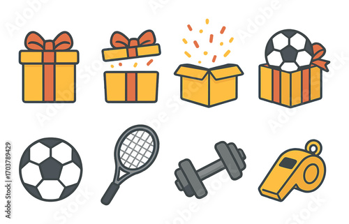 Sports equipment and gift boxes with soccer balls and tennis racket