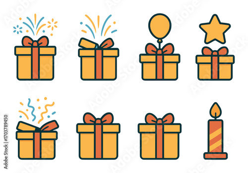 Colorful gift box collection with festive elements and candle on brown background