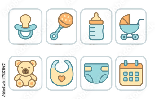 Cute baby essentials icon set featuring pacifier, rattle, bottle, and more