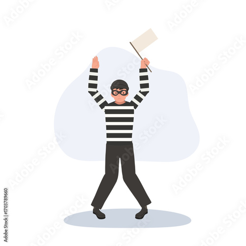 a thief in striped shirt and mask standing with raised arms holding a white flag symbolizing surrender caught during a crime scene