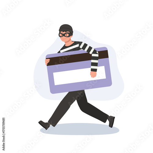 credit card theft concept thief running with stolen card online fraud cyber crime identity theft illustration