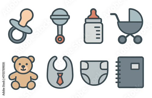 Baby essentials icons set featuring pacifier, rattle, bottle, stroller, teddy bear, bib, diaper, and notebook