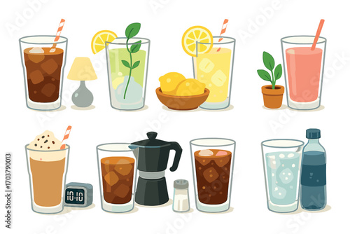 Colorful assortment of refreshing drinks with various ingredients and iced beverages