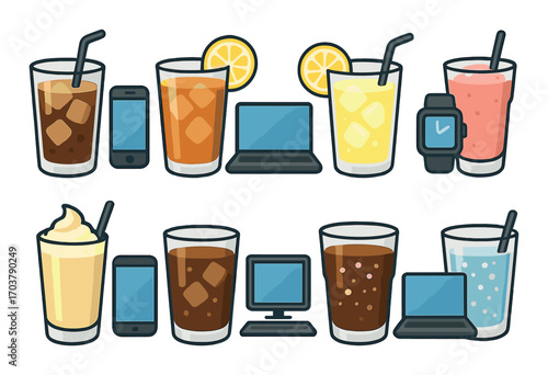 Assorted beverages and technology devices: coffee, tea, lemonade, smoothie, soda, gadgets