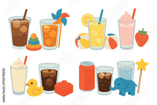 Colorful refreshing drinks with toys and fun summer accessories