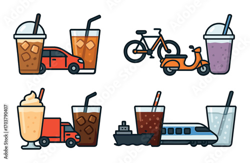 Beverages and transportation icons: cars, train, bike, boat, drinks