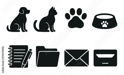 Pet care icons: dog, cat, paw, bowl, notes, folder, mail, envelope silhouettes
