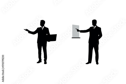 two men presenting documents in professional attire silhouette
