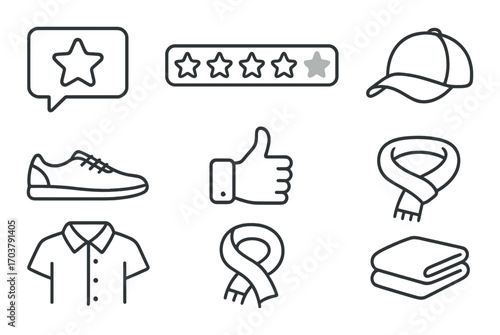 Illustrated icons of fashion accessories and ratings on dark background