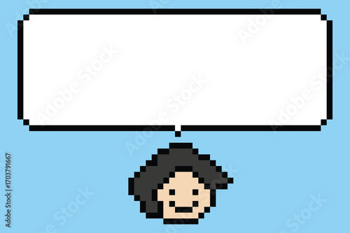 Cartoon pixel cute background man face with chat box blank decoration 8 bit male boy say speak discuss chat box cartoon character pixel 8bit game png vector.