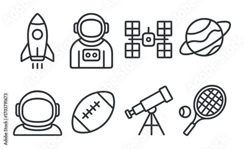 Outline icons of space, sports, and science including rocket, astronaut, and telescope