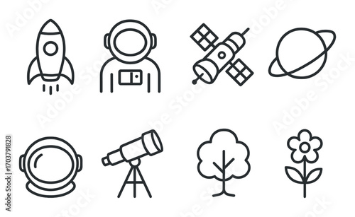 Space icons: rocket, astronaut, satellite, planet, telescope, tree, flower