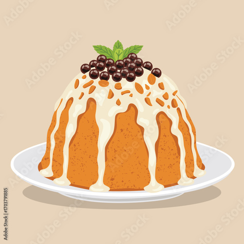 flat vector of Thai tea bingsu sweet dessert topped with a white sauce or cream and almonds and mint leaves