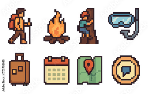 Pixel art adventure icons: hiking, climbing, camping, travel, and navigation elements