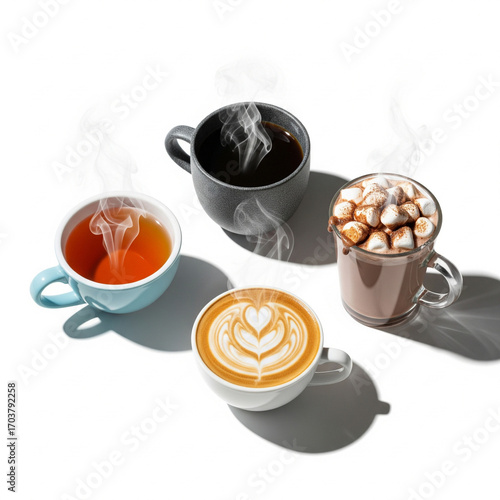 SET OF DIFFERENT BEVERAGE SET, cup of coffee, HOT CHOCOLATE, TEA