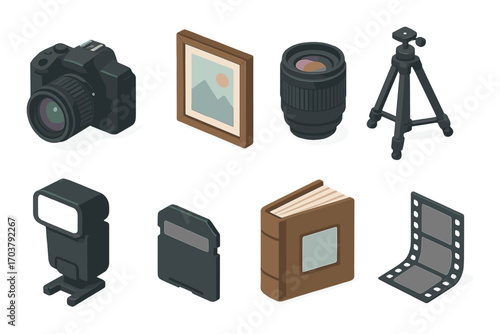 Isometric camera equipment and accessories including tripod and memory card