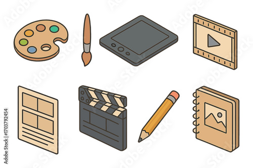 Icon set of artistic and media tools including palette, brush, digital tablet, and video clapperboard