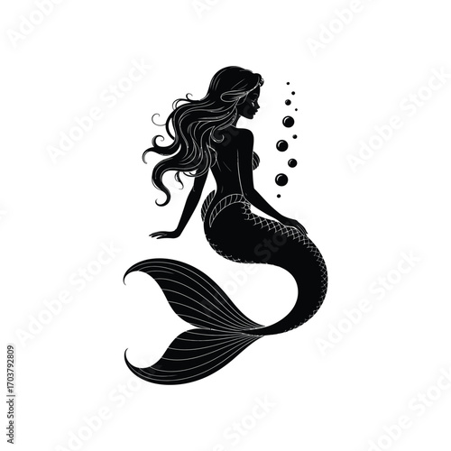 Enchanting Mermaid Silhouette Illustration with Flowing Hair and Bubbles in Black and White