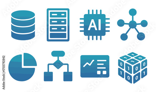 Futuristic blue neon tech symbols: ai, data, network, analytics icons