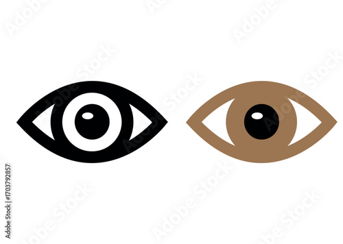 Vector two eye icons, one in black and white and the other in brown and white, representing vision and perception isolated on white background