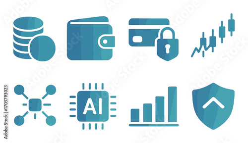 Futuristic digital finance and security icons on a dark background