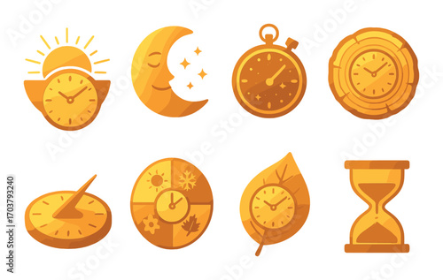 Golden timepiece icons: clocks, moon, sun, stopwatch, sundial, hourglass, nature symbols