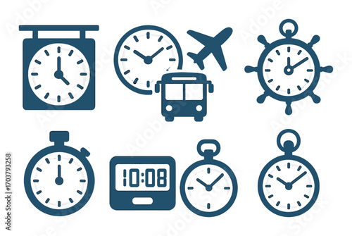 Collection of timepieces and transport icons on dark background