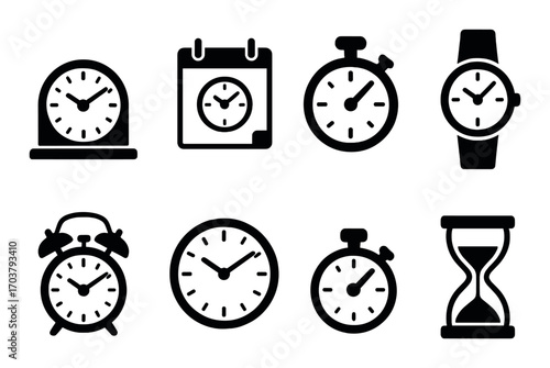 Collection of timekeeping icons: clocks, watches, hourglass, and calendar