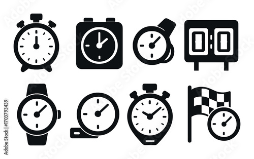 Collection of stopwatch and timer icons on dark background
