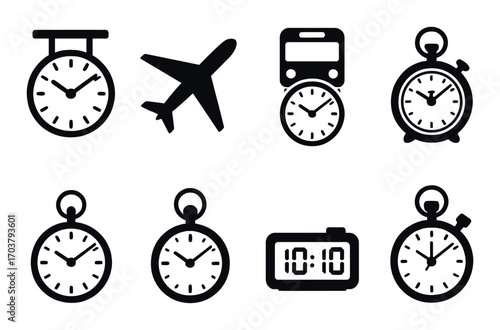 Various clock icons on dark background representing time concepts