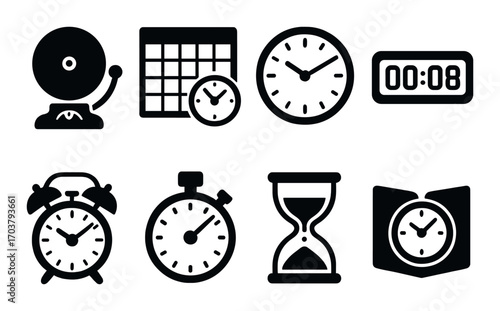 Black timeless icons: clock, alarm, stopwatch, hourglass, timer, bell, calendar symbols